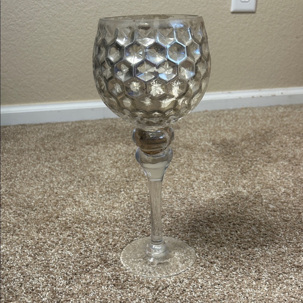 Smoked Glass Honeycomb Candle Holder on Pedestal Stem 12" tall goblet style - Picture 2 of 5